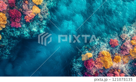 From above, the vibrant hues of a coral reef in turquoise water come into view, displaying a rich 121078135
