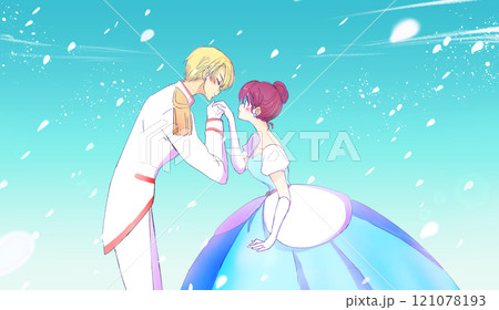 お姫様の手の甲にキスする王子様 花吹雪 お姫様の手の甲にキスする王子様 花吹雪 121078193