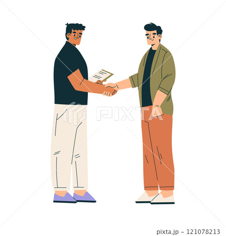 Man Character Shaking Hands after Completed the Deal Vector Illustration 121078213