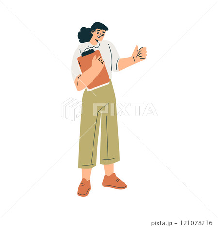 Young Woman Office Worker Standing with Clipboard Showing Thumb Up Vector Illustration 121078216