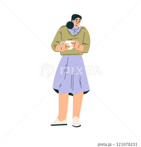 Smiling Woman Hold Mug of Warm Tea or Coffee Vector Illustration Smiling Woman Hold Mug of Warm Tea or Coffee Vector Illustration 121078231