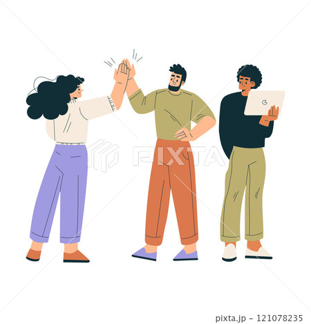 Man and Woman Give High Five as Successful Partnership and Teamwork Gesture Vector Illustration Man and Woman Give High Five as Successful Partnership and Teamwork Gesture Vector Illustration 121078235