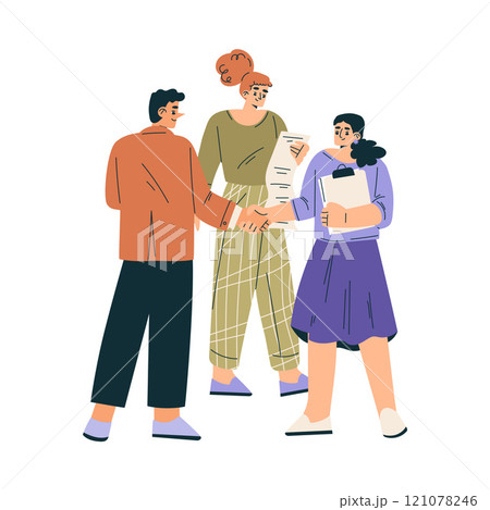 Man and Woman Character Shaking Hands after Completed the Deal Vector Illustration 121078246