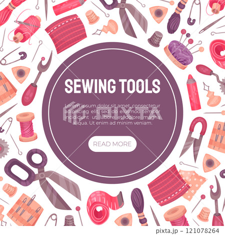 Sewing Tools Banner Design with Handcraft Equipment Vector Template 121078264