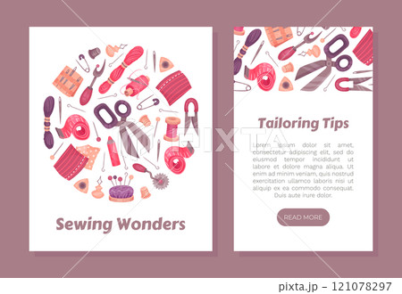 Sewing Tools Banner Design with Handcraft Equipment Vector Template 121078297