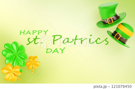 Happy St Patrick day 3d banner. Clover shamrock leaf with leprechaun hat on light green background render. Irish festive poster, greeting card, invitation to spring festival or party. 3D illustration Happy St Patrick day 3d banner. Clover shamrock leaf with leprechaun hat on light green background render. Irish festive poster, greeting card, invitation to spring festival or party. 3D illustration 121078450
