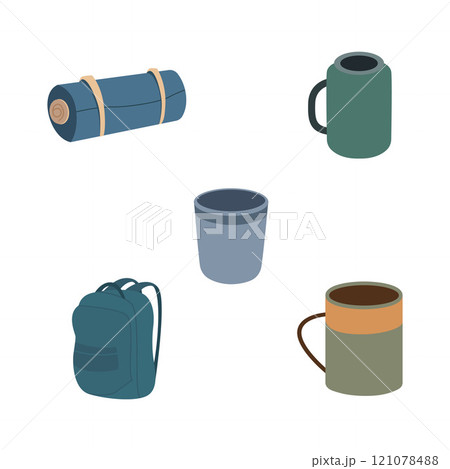 Camping Tool Elements Set of Cup Mug Glass Backpack Mat 121078488