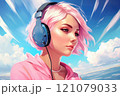 Beautiful young girl with pink hair wearing headphones 121079033