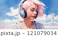 Beautiful young girl with pink hair wearing headphones 121079034