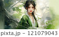 Portrait of young asian woman with plants and leaves 121079043