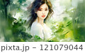 Portrait of young asian woman with plants and leaves 121079044