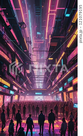 Vibrant digital gathering in a futuristic cityscape filled with neon lights and energetic crowds. Generative AI 121079195