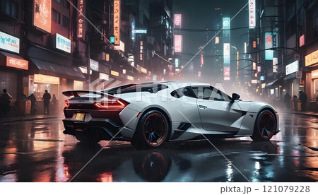 Sleek modern sports car glowing in neon-lit urban streets at night under rainy skies. Generative AI Sleek modern sports car glowing in neon-lit urban streets at night under rainy skies. Generative AI 121079228