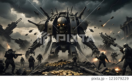 Futuristic battle unfolds as colossal robot confronts brave soldiers amidst chaos and destruction at dusk. Generative AI Futuristic battle unfolds as colossal robot confronts brave soldiers amidst chaos and destruction at dusk. Generative AI 121079229