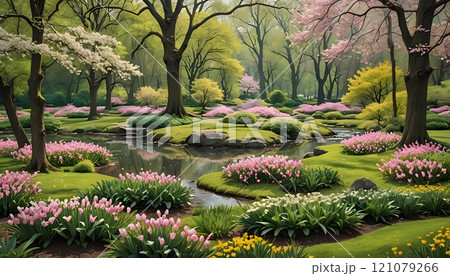 Explore the serene beauty of a tranquil garden bursting with blooming flowers and lush greenery in springtime wonder. Generative AI 121079266
