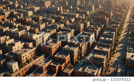 Urban landscape unfolds in the quiet early morning light revealing a tapestry of rooftops and city life. Generative AI Urban landscape unfolds in the quiet early morning light revealing a tapestry of rooftops and city life. Generative AI 121079312