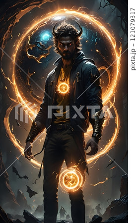 Enigmatic figure harnessing mystical energies in a shadowy world filled with glowing symbols and swirling magic. Generative AI 121079317