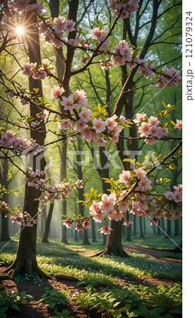 Blossoming cherry trees illuminate a serene forest glade in springtime sunlight. Generative AI 121079324