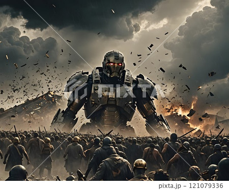 Epic clash between humanity and towering machines in a post-apocalyptic battlefield. Generative AI Epic clash between humanity and towering machines in a post-apocalyptic battlefield. Generative AI 121079336
