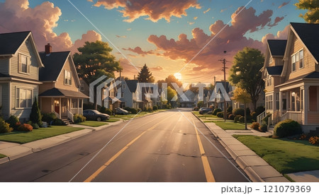 Sunset casting warm hues over a serene suburban neighborhood with charming houses lining the peaceful street. Generative AI 121079369