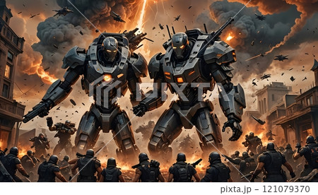 Epic battle erupts in an urban landscape featuring colossal mechs and soldiers amidst explosions and dramatic skies. Generative AI 121079370