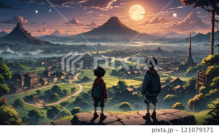 Two adventurous boys gaze at a breathtaking sunset over a magical valley filled with mountains and vibrant landscapes. Generative AI 121079371