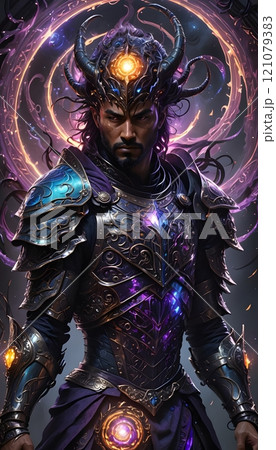Majestic warrior clad in ornate armor stands defiantly amidst swirling mystical energies under a twilight sky. Generative AI 121079383
