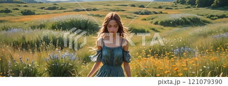 Young woman walking through a vibrant meadow filled with wildflowers under a bright sky in the golden hour. Generative AI 121079390
