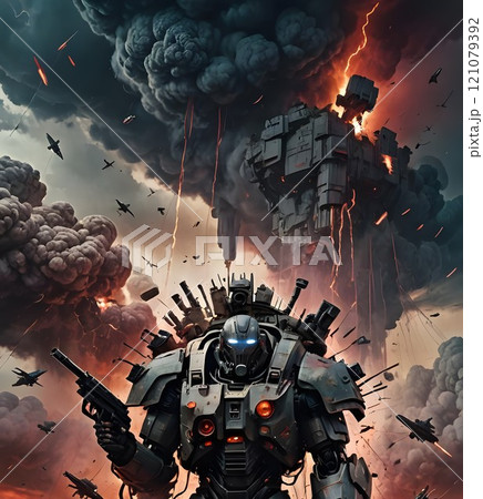 Armored warrior stands defiantly against a stormy dystopian backdrop with aircraft and explosions overhead. Generative AI 121079392