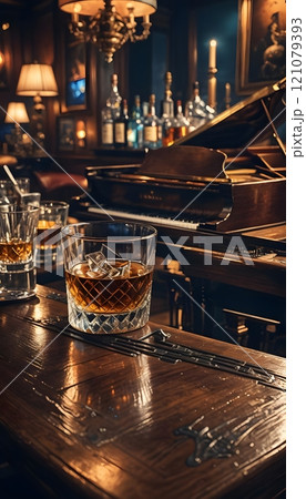 Captivating evening at a vintage lounge with whiskey glasses and a grand piano in soft candlelight. Generative AI 121079393