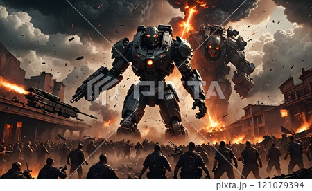 Giant robots clash amidst chaos as soldiers engage in epic battle during a fiery apocalypse. Generative AI 121079394