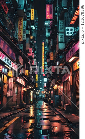 Neon lights illuminate a bustling urban alleyway at night filled with vibrant colors and mysterious shadows. Generative AI 121079396