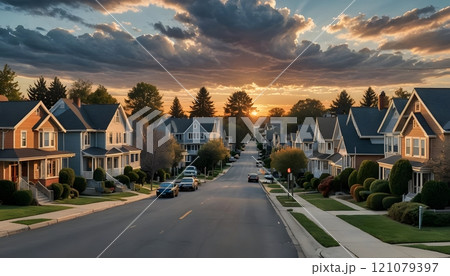 Clouds dance above a tranquil neighborhood street as the sun sets behind charming homes and lush trees. Generative AI 121079397