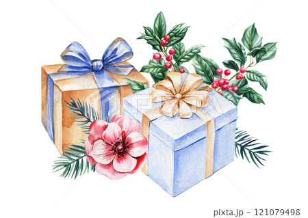 Blue and gold gifts with pine branches, pink flowers and berries, elegant holiday watercolor composition festive designs Blue and gold gifts with pine branches, pink flowers and berries, elegant holiday watercolor composition festive designs 121079498