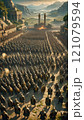 Epic gathering of warriors in a grand ancient landscape at dusk before an impending battle. Generative AI 121079594