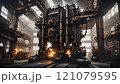 Massive industrial machine looms in a sprawling workshop under dramatic lighting and shadows during the early morning. Generative AI 121079595