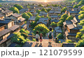 Two children gaze at a sunset over a serene village surrounded by lush hills and charming rooftops in tranquil harmony. Generative AI 121079599