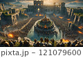 Grand gathering of warriors under a dramatic sunset in an ancient arena filled with fire and emotion. Generative AI 121079600
