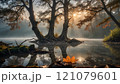 Majestic morning light filters through ancient trees by the serene lake in a tranquil forest landscape. Generative AI 121079601