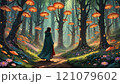 Enchanted forest filled with glowing mushrooms at twilight, a traveler seeks wonder among nature\'s magic. Generative AI 121079602