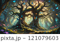 Enchanted forest alive with vibrant butterflies and ancient trees in a captivating twilight glow. Generative AI 121079603