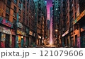Vibrant urban alley filled with colorful graffiti and a glowing horizon in the heart of a bustling city at dusk. Generative AI 121079606