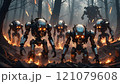 Robotic beings march through a fiery landscape, illuminating the darkened forest with their glowing eyes and metallic frames. Generative AI 121079608
