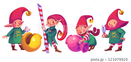 Cute cartoon Christmas elves in festive outfits. 121079920