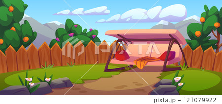 Cozy home backyard garden scene 121079922