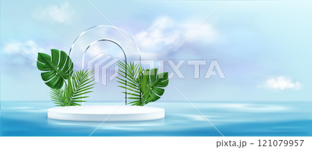 Product podium on blue water surface with leaves Product podium on blue water surface with leaves 121079957
