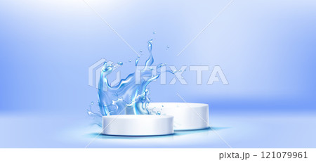 Round podium with water splash on blue 121079961