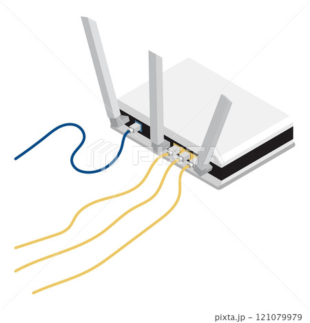 Isometric wireless WiFi router device with wires connected to connectors back view. 3D vector isolated on white background top view at an angle 121079979