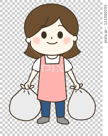 穿著圍裙的女人要丟垃圾的可愛插圖 121080593