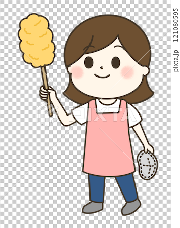 ハンディモップを使って掃除をするエプロンの女性のゆるかわイラスト 121080595